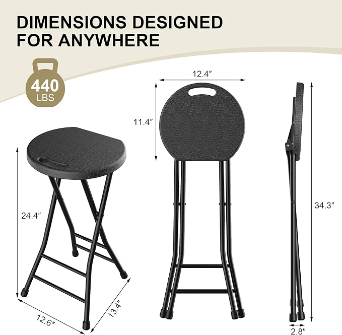 24 Inch Folding Stool Set of 2, Portable Folding Stool with Handle & Non-Slip Feet, Sturdy 440lbs Capacity Folding Bar Stool for Kitchen, Camping, Fishing, Black