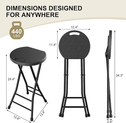 24 Inch Folding Stool, Portable Folding Stool with Handle & Non-Slip Feet, Sturdy 440lbs Capacity Folding Bar Stool for Kitchen, Camping, Fishing, Black