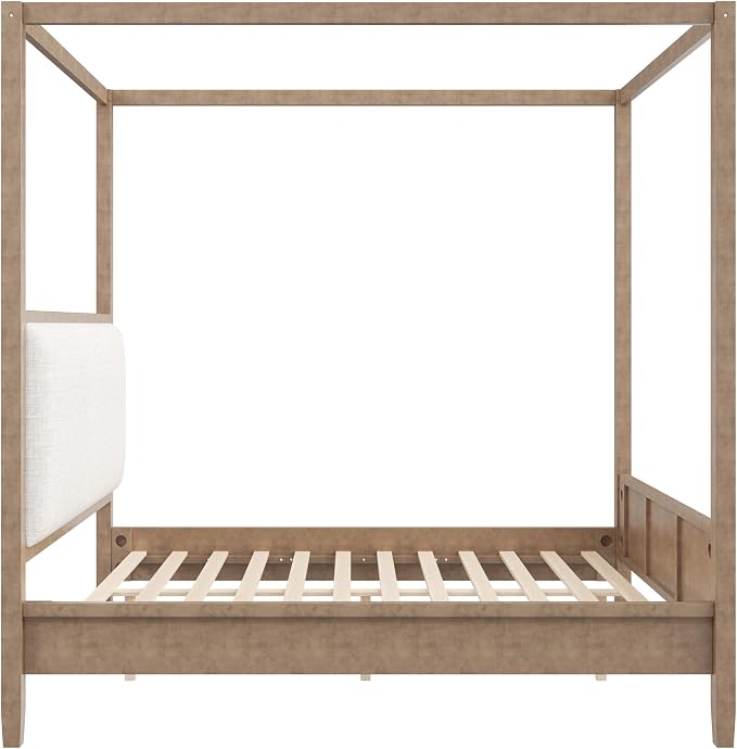 Merax King Size Canopy Bed with Upholstered Headboard, Wooden Platform Bed Frame with 4-Posters, Solid Wood Slat Support, No Box Spring Needed