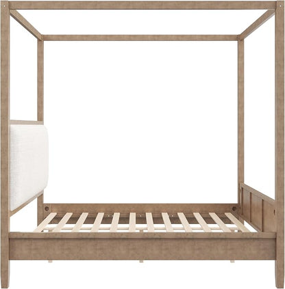 Merax King Size Canopy Bed with Upholstered Headboard, Wooden Platform Bed Frame with 4-Posters, Solid Wood Slat Support, No Box Spring Needed