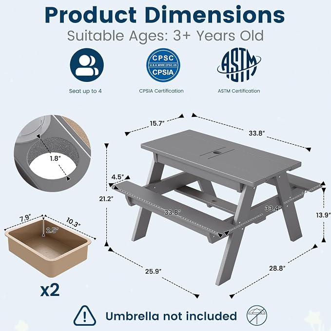 FOOWIN Kids 3-in-1 Sand & Water Table,HDPE Outdoor Convertible Picnic Table w/Detachable Tabletop, for Outdoor Backyard Patio Play Grey