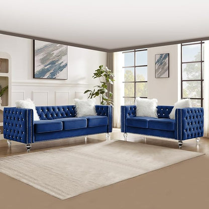 60" Chesterfield Sofa, Velvet Mid-Century Modern Upholstered Loveseat Sofa with 2 Throw Pillows and Acrylic Legs, Nailhead Button Tufted Vintage Couch for Living Room, Apartment, Blue