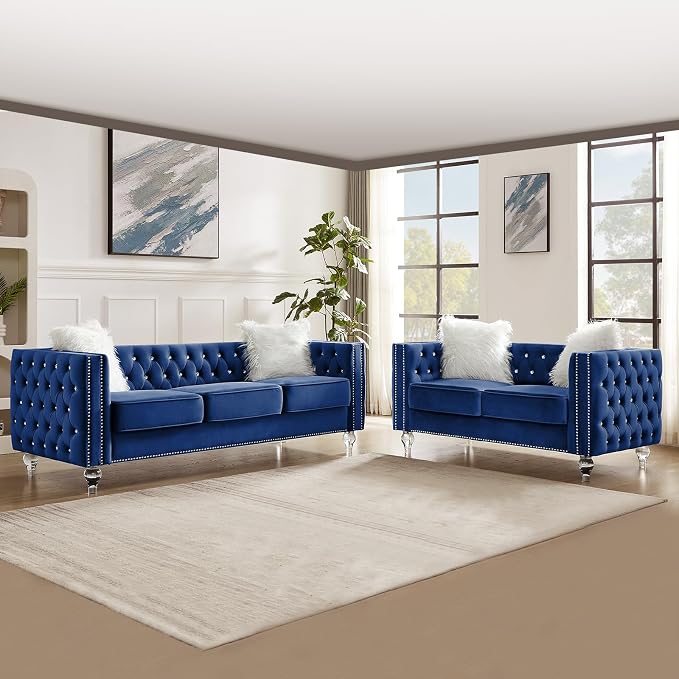 83" Chesterfield Sofa, Velvet Mid-Century Modern Upholstered Couch with 2 Throw Pillows and Acrylic Legs, Nailhead Button Tufted Vintage Sofa for Living Room, Apartment, Office, Blue