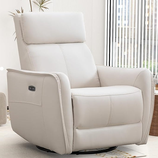 Bonzy Home Power Swivel Rocker Recliner Chair with USB Port, Wide Seat, Head & Lumbar Support, Upholstered Glider Chair for Living Room, Nursery, Bedroom, Cream White