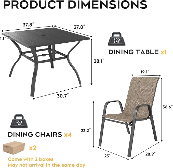 Outdoor Dining Set for 4,5pcs Patio Table and Chairs Set with Adjustable Umbrella Hole,37.8”x37.8” Square Metal Outdoor Table and Stackable Patio Chair for Yard, Garden, Porch