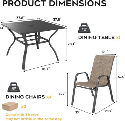 Outdoor Dining Set for 4,5pcs Patio Table and Chairs Set with Adjustable Umbrella Hole,37.8”x37.8” Square Metal Outdoor Table and Stackable Patio Chair for Yard, Garden, Porch