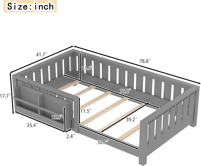 Bellemave Twin Size Montessori Floor Bed with Rails and Slats, Twin Size Floor Bed with Bookshelf and Fence, Low Profile Montessori Beds Frame for Girls, Boys, White