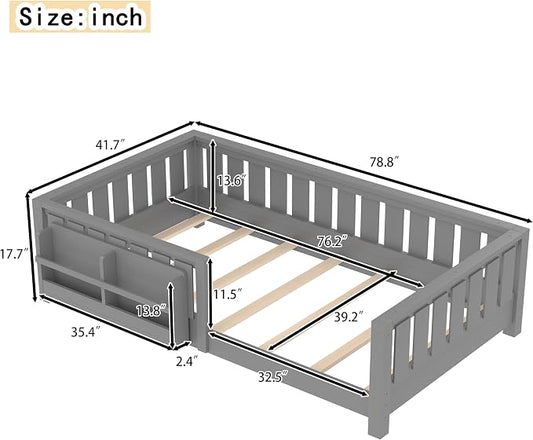 Bellemave Twin Size Montessori Floor Bed with Rails and Slats, Twin Size Floor Bed with Bookshelf and Fence, Low Profile Montessori Beds Frame for Girls, Boys, White