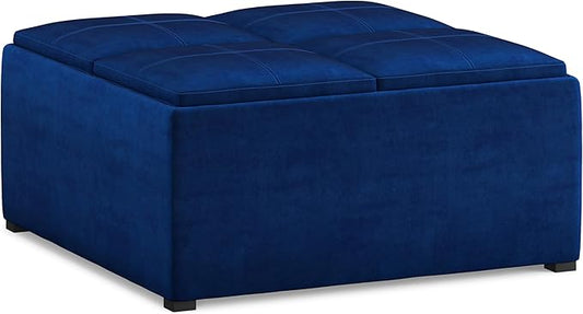 SIMPLIHOME Avalon Wide Contemporary Square Coffee Table Storage Ottoman, Blue, Table Ottoman