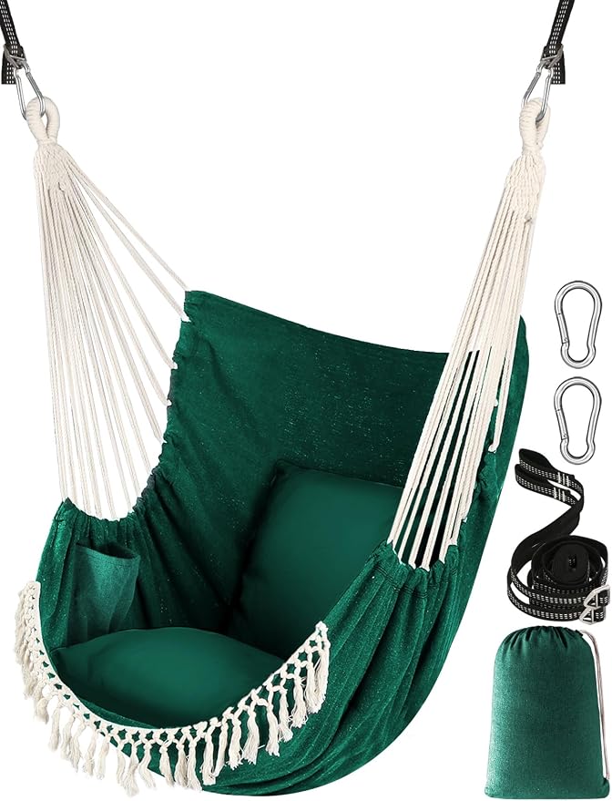 Chihee Hammock Chair Hanging Swing 2 Pillows Included,Strong Webbing Straps and Hooks for Easy Hanging Soft Cotton Hanging Chair Side Pocket Tassel Chair Comfort Indoor Outdoor