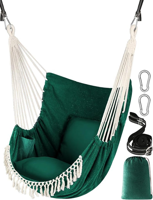 Chihee Hammock Chair Hanging Swing 2 Pillows Included,Strong Webbing Straps and Hooks for Easy Hanging Soft Cotton Hanging Chair Side Pocket Tassel Chair Comfort Indoor Outdoor