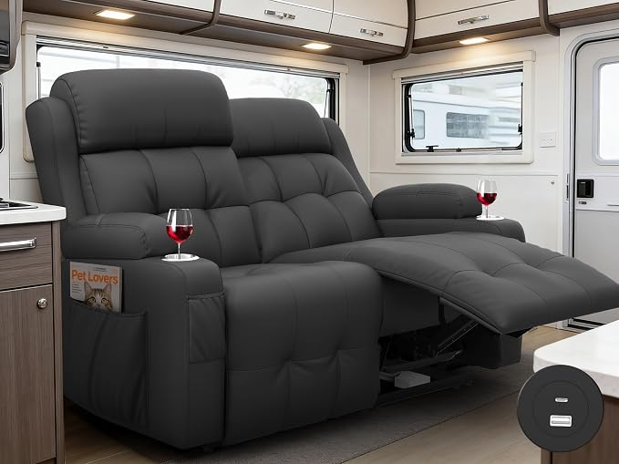 Reclining Loveseat with Pebble Texture Fabric, Loveseat Recliner with USB/Type C Ports, Storage & Cup Holders, RV Wall Hugger Recliner Sofa for Living Room & Home Theater & RV