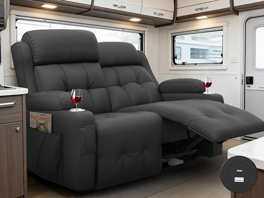 Reclining Loveseat with Pebble Texture Fabric, Loveseat Recliner with USB/Type C Ports, Storage & Cup Holders, RV Wall Hugger Recliner Sofa for Living Room & Home Theater & RV