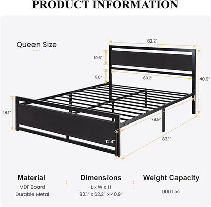 SHA CERLIN Heavy Duty Queen Size Bed Frame with Modern Headboard，Black | Platform Metal Base with Square Footboard and 13 Strong Slats Support, No Box Spring Needed