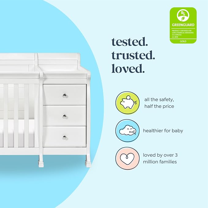 DaVinci Kalani 4-in-1 Convertible Crib and Changer Combo in White | GREENGUARD Gold Certified, Converts to Toddler Bed, Daybed & Full-Size Bed, 4 Adjustable Mattress Heights, Easy to Assemble