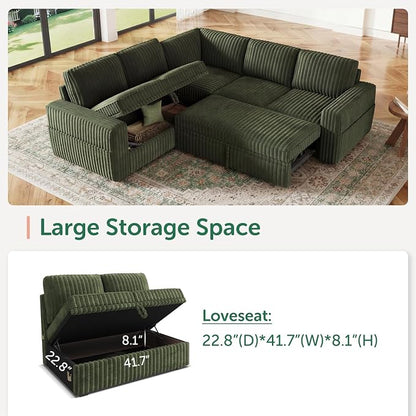 HONBAY Modular Sectional Sleeper Sofa with Pull Out Bed,Corduroy L Shaped Couch with Storage, Sectional Couches for Living Room,Green