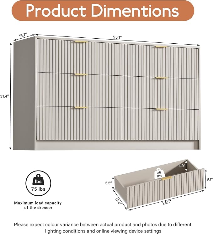 Furniway Beige Dresser for Bedroom, Modern Dresser with 6 Drawers and Smooth Slides, Wide Chest of Drawers with Golden Handles for Bedroom, Living Room, Closet, 15.7" D x 55.1" W x 31.4" H