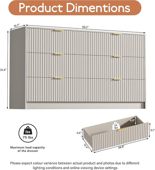 Furniway Beige Dresser for Bedroom, Modern Dresser with 6 Drawers and Smooth Slides, Wide Chest of Drawers with Golden Handles for Bedroom, Living Room, Closet, 15.7" D x 55.1" W x 31.4" H