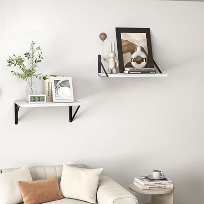 Heimlove White Deep Floating Shelves for Wall, 16W x 12D Wood Wall Shelves Set of 2, Wide Floating Bookshelf for Living Room, Kitchen, Office, Bedroom and Decor Storage, with Black Bracket - White