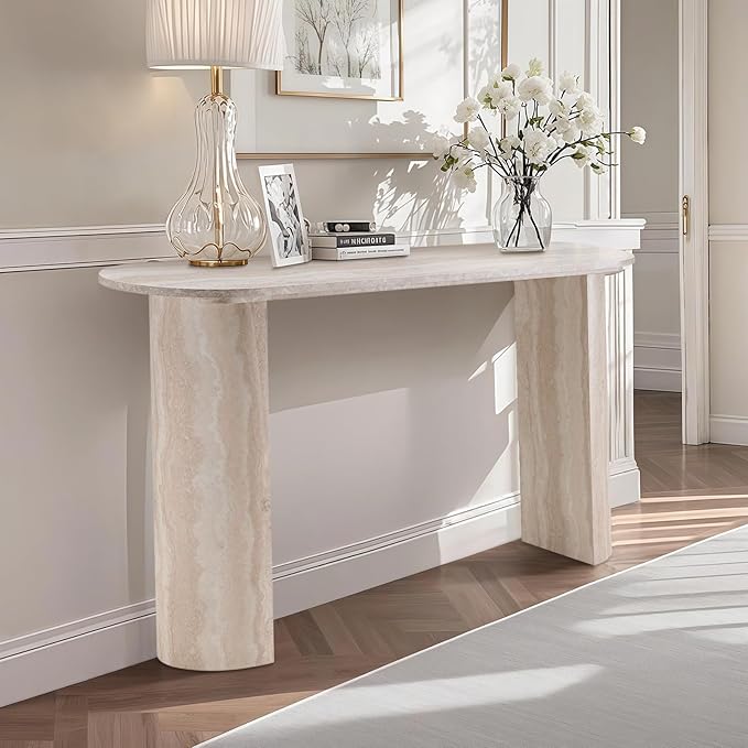 LKTART 55" MDF Console Table for Entryway, Narrow Entryway Table with Faux Mars Marble Pattern, Couch Table Behind Sofa with Curved Legs for Living Room Hallway Foyer