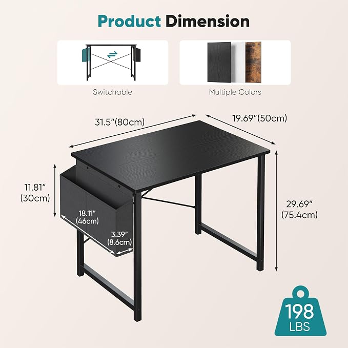 OLIXIS Small Computer Desk, 31 Inch Home Office Desks, Writing Study Craft Work Gaming Table, Computer Workstation for Bedroom Small Spaces with Storage Bag, Black