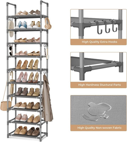 VTRIN 10 Tiers Tall Shoe Rack Holds 20-25 Pairs of Shoes Sturdy Vertical Shoe Organizer with 18pcs Hooks Stackable Narrow Shoe Rack for Closet, Entryway Grey