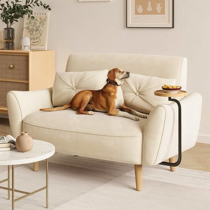 Brelice Loveseat Sofa, 47" Velvet Couch for Bedroom, Convertible Wooden Tray & Ergonomic Armrest, for Small Space, Apartment, Living Room, Home Office, Easy Assembly, Beige