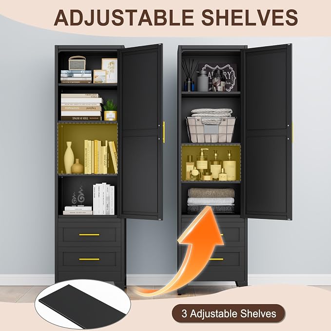 Tall Metal Narrow Storage Cabinet 67" H with 2 Drawer, Black Pantry Cabinets with 2 Adjustable Shelves and Door,Tall Bathroom Cabinet for Kitchen, Home Office, Living Room, Dining Room