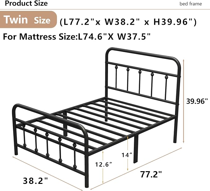 Vengarus Twin Metal Bed Frame with Victorian Headboard & Footboard, Black | 14" Twin Metal Platform Frame, Heavy Duty Steel Slat Support, Noise Free, No Box Spring Needed, Easy Disassembly & Transport