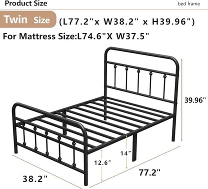 Vengarus Twin Metal Bed Frame with Victorian Headboard & Footboard, Black | 14" Twin Metal Platform Frame, Heavy Duty Steel Slat Support, Noise Free, No Box Spring Needed, Easy Disassembly & Transport