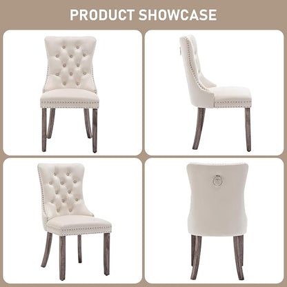 Mid Century Modern Dining Chair Set of 4 Velvet Upholstered Dining Accent Chair Farmhouse Dining Chairs with High Back and Nailhead Trim for Kitchen, Living Room, Bedroom (Beige)