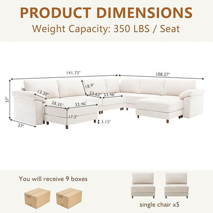 Oversized L Shaped Sectional Couch for Living Room, Extra Large Deep Seat Modular Sectional Sofa with Washable Covers, Modern Cloud Couch for Apartment, Bedroom (Beige, U Shape 8 Seat)