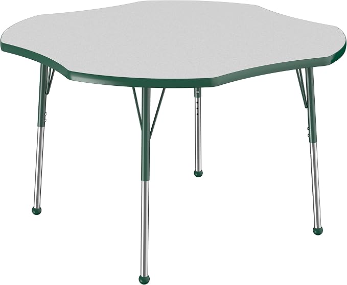FDP Clover Activity School and Office Table (48 x 48 inch), Standard Legs with Ball Glides for Collaborative Seating Environments, Adjustable Height 19-30 inches - Gray Top and Green Edge