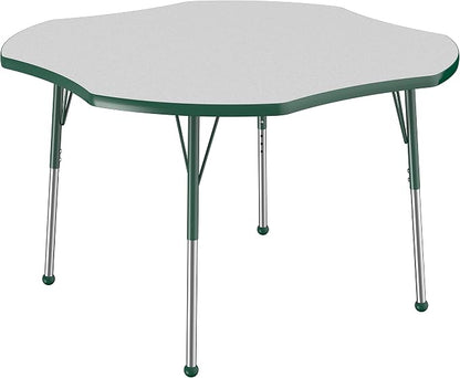 FDP Clover Activity School and Office Table (48 x 48 inch), Standard Legs with Ball Glides for Collaborative Seating Environments, Adjustable Height 19-30 inches - Gray Top and Green Edge