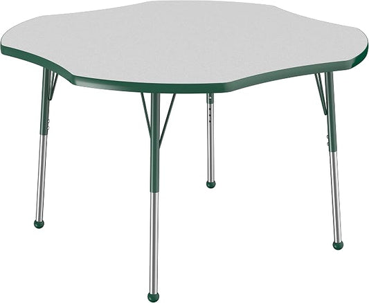 FDP Clover Activity School and Office Table (48 x 48 inch), Standard Legs with Ball Glides for Collaborative Seating Environments, Adjustable Height 19-30 inches - Gray Top and Green Edge
