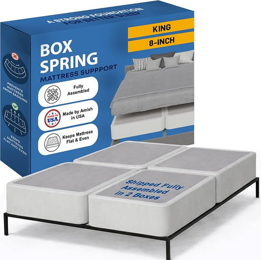 Greaton, Box Spring Bed Base King Size, 8-Inch Wood Mattress Foundation – Amish Made in USA – Quiet Noise Free, 4-Pieces Under Mattress-Support BoxSpring, Fully Assembled, White