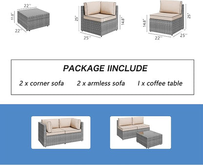 5 Piece Outdoor Patio Furniture Set,Silver PE Rattan Wicker Sectional Sofa, All Weather Conversation Set with Washable Cushions & Glass Coffee Table for Backyard Poolside Garden Porch,Khaki