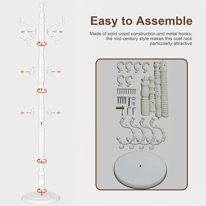 Wooden Coat Rack Freestanding with 18 Hooks, Adjustable Height Coat Tree Free Standing Heavy Duty for Entryway, Easy Assembly Solid Wood Sturdy Coat Hats Hanger Stand for Office Hallway Bedroom,White