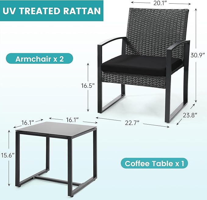 3 Piece Outdoor Wicker Bistro Set, Rattan Patio Conversation Set with Coffee Table & Washable Cushions for Porch Yard Balcony, Black/Black