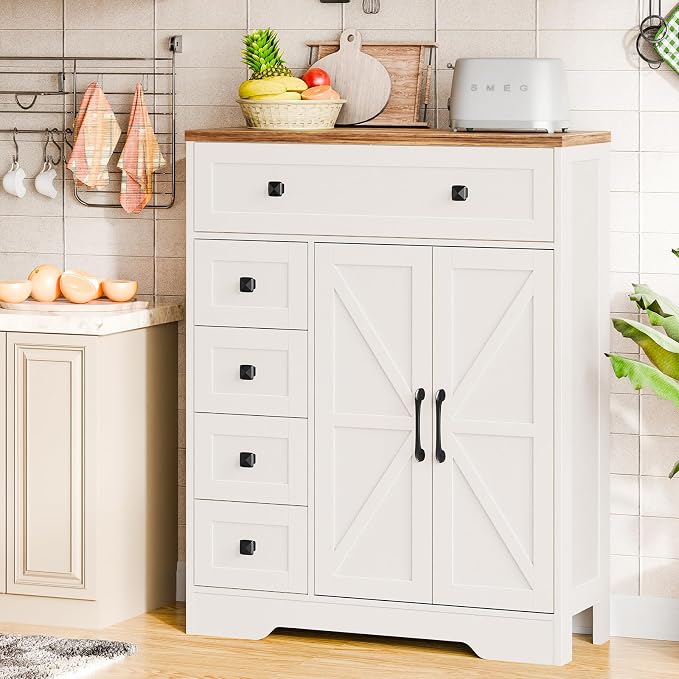 Vabches Farmhouse Storage Cabinet with 2 Doors and 5 Drawers, Freestanding Bathroom Cabinets Kitchen Pantry, Floor Storage Cabinet Hutch Cupboard for Living Room/Bathroom/Kitchen. Unique White