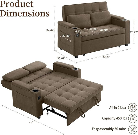 Korser 55.5'' 3-in-1 Convertible Sofa Bed, Pull Out Couch with 5-Position Adjustable Backrest, Loveseat Sleeper Sofa for Small Spaces, Sofa Couch with Cup Holders for Living Room, Office, Chenille