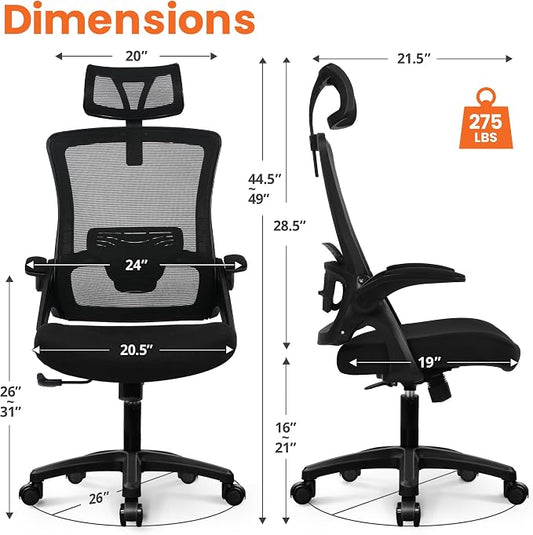 NEO CHAIR Office Desk Chair Gaming Computer High Back Support Mesh Comfy Seat with Adjustable Ergonomic Headrest Lumbar Rolling Flip-up Armrests and Wheels (Black)