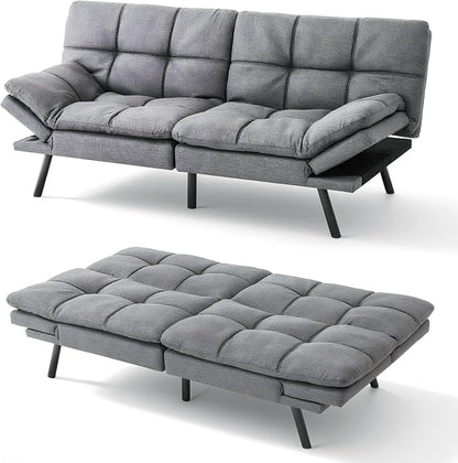 Vipbear 71" Futon Sofa Bed - Convertible Sofa Beds/Adjustable Backrest & Armrest,Detachable Cushion, Loveseat Sleeper for Small Spaces, Apartments & Offices, Silver Grey Futons