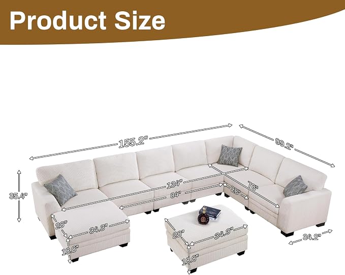 Legend Vansen Sectional Couches for Living Room,L-Shaped Corduroy Sofa with Ottoman for Living Room,Bedroom and Apartment (Cream, U-9)