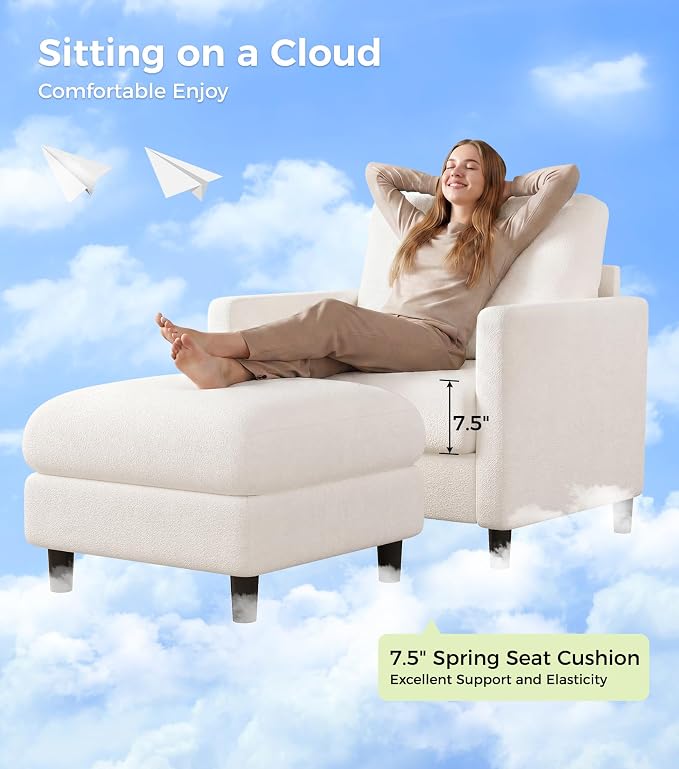 Welzona Sofa Accent Chair with Ottoman, 33" Reading Chair and Ottoman Set for Bedroom, Tool-Free Setup Living Room Accent Chairs, Comfy Arm Chairs Living Room, All-Wood Reading Nook, Beige