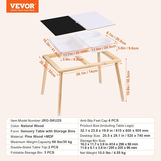 VEVOR Sensory Table for Toddlers, Kids Activity with 3 Foldable Storage Bins & Double-Sided Board, Indoor/Outdoor Play Sand and Water Table, Wooden Kids Sensory for Drawing Studying