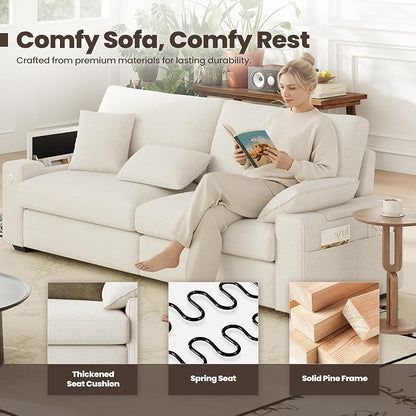 MALOL 89" Loveseat Couch, 3 Seater Upholstered Midcentury Mondern Love Seat with USB Type C Ports, 4 Pillows and Storage Armrest Cloud Foam Sofa for Living Room/Small Spaces, Beige | Breathable material