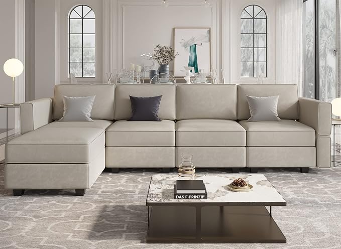 Belffin Modular Sectional Sofa Couch with Reversible Chaise Velvet L Shaped Couch with Storage 4-seat Convertible Sofa Grey…
