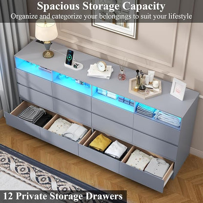 Gyfimoie 6-Drawer Dresser with Divided Compartments, Charging Station & LED Lights, 63" Wide TV Stand for TVs up to 75", Large Organizer with 4 Open Cubbies, Light Grey (Light Grey, 6 Drawers)