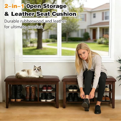 PY HOME & SPORTS Shoe Rack for Entryway 31.5": 2-Tier Shoe Storage Bench, Adjustable/Removable Shelves, Rubberwood Shoe Benches for Hallway, Porch, Bathroom, Brown